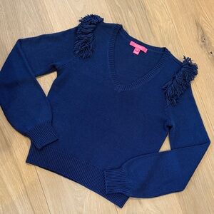 Lilly Pulitzer Navy V-Neck Sweater with Fringe Details